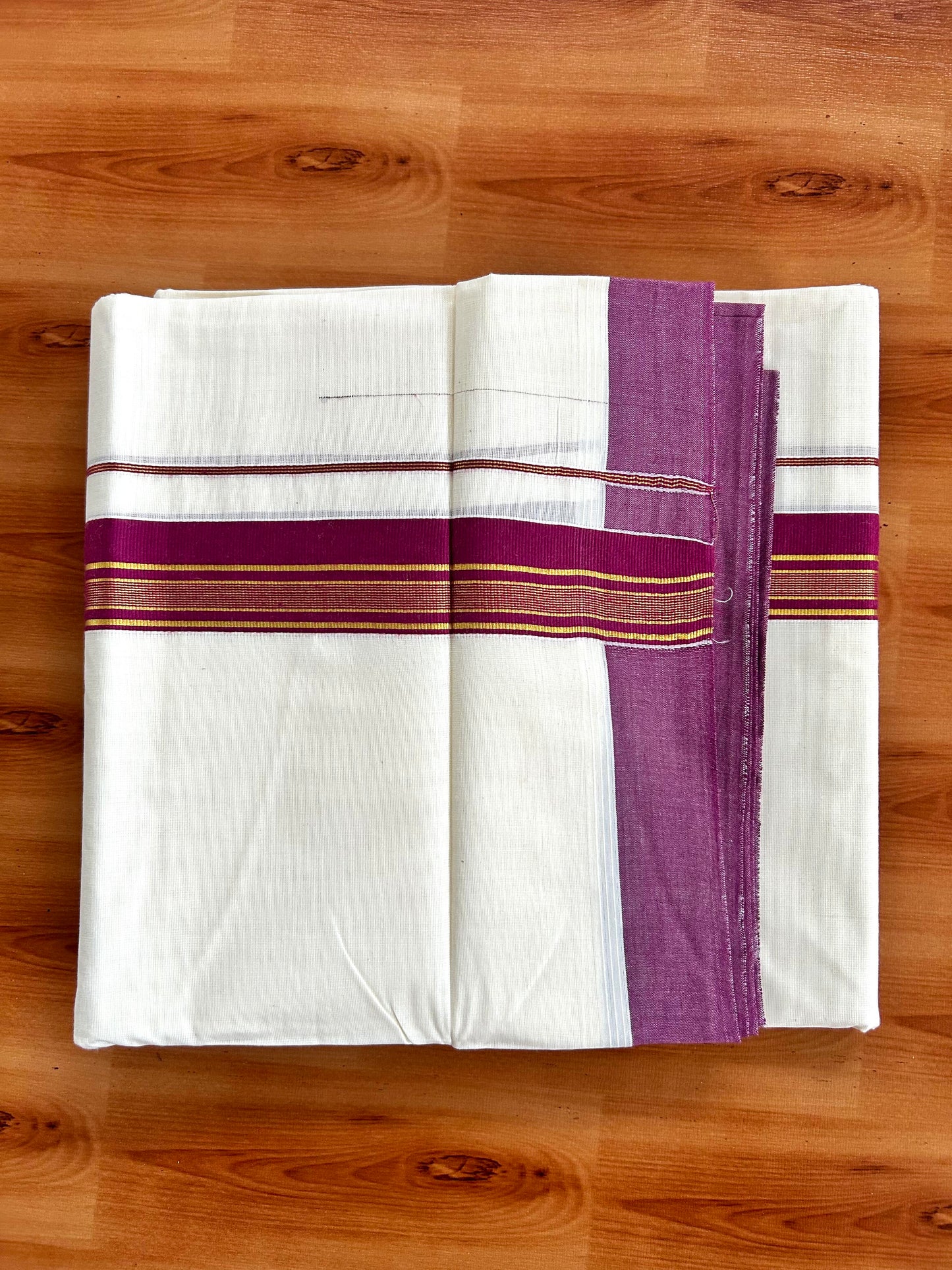 Double Off White  Mundu/Dhoti- 20% Discount! KaithariKada Balaramapuram Pure Cotton - 80s - 1.5 inch Gold Striped Kasav & Wine Kara - 4mtr (8.5muzham) - 6 KK5421 VAS