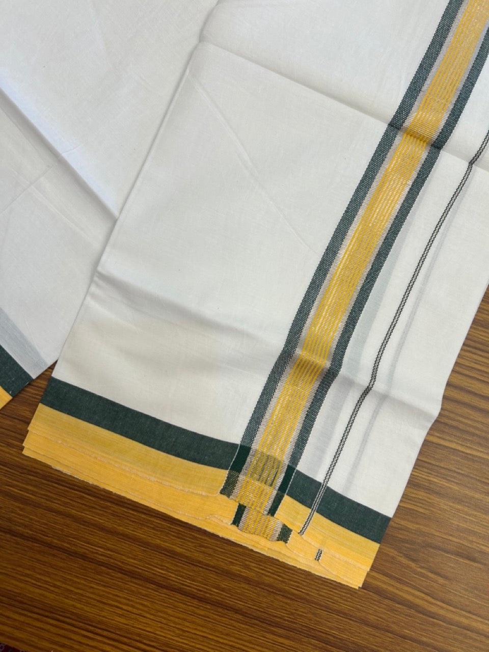 19% Discount!! KaithariKada Balaramapuram 100% Cotton Single Pure White Mundu/Dhoti - 100X80 - 1.5 inch Silver Kasav Yellow & Green Stripes kara 1.90 mtr (4 muzham) - 3 KK5287 PMC