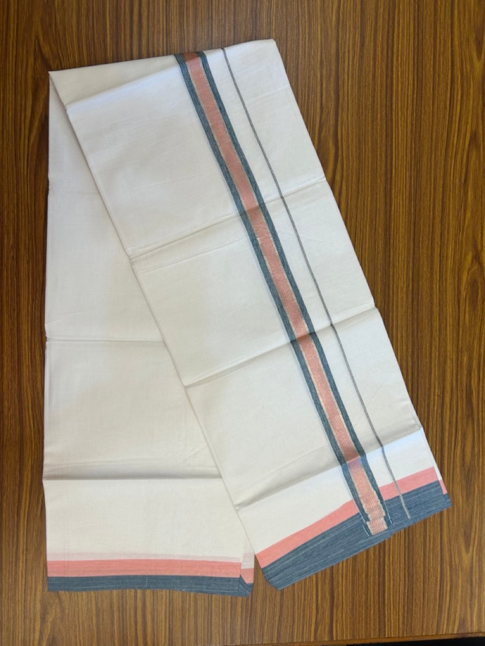 19% Discount!! KaithariKada Balaramapuram 100% Cotton Single Pure White Mundu/Dhoti - 100X80 - 1.5 inch Silver Kasav Light Pink & Blue Stripes kara 1.90 mtr (4 muzham) - 2 KK5287 PMC