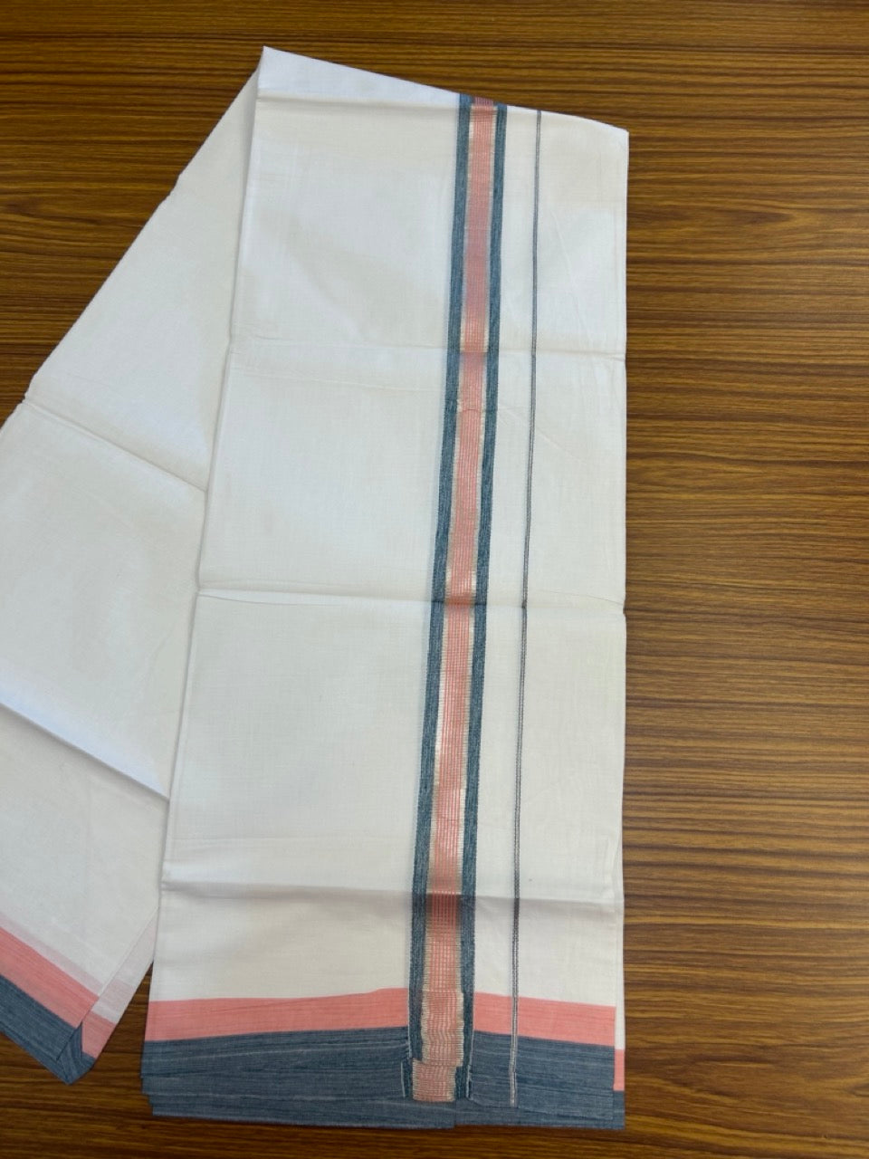 19% Discount!! KaithariKada Balaramapuram 100% Cotton Single Pure White Mundu/Dhoti - 100X80 - 1.5 inch Silver Kasav Light Pink & Blue Stripes kara 1.90 mtr (4 muzham) - 2 KK5287 PMC