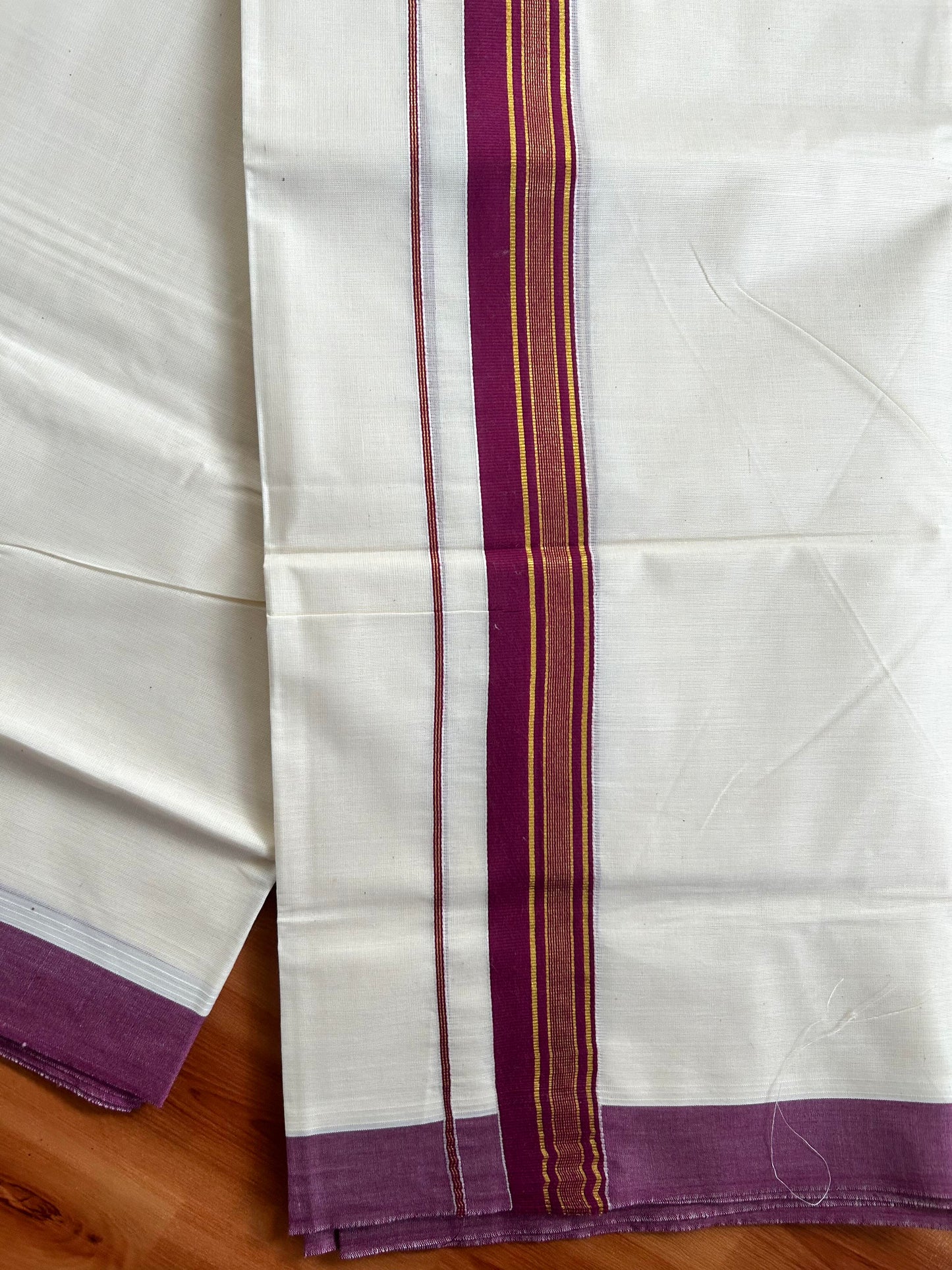 Double Off White  Mundu/Dhoti- 20% Discount! KaithariKada Balaramapuram Pure Cotton - 80s - 1.5 inch Gold Striped Kasav & Wine Kara - 4mtr (8.5muzham) - 6 KK5421 VAS