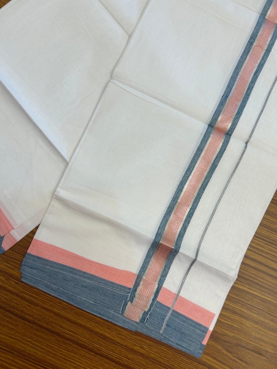19% Discount!! KaithariKada Balaramapuram 100% Cotton Single Pure White Mundu/Dhoti - 100X80 - 1.5 inch Silver Kasav Light Pink & Blue Stripes kara 1.90 mtr (4 muzham) - 2 KK5287 PMC