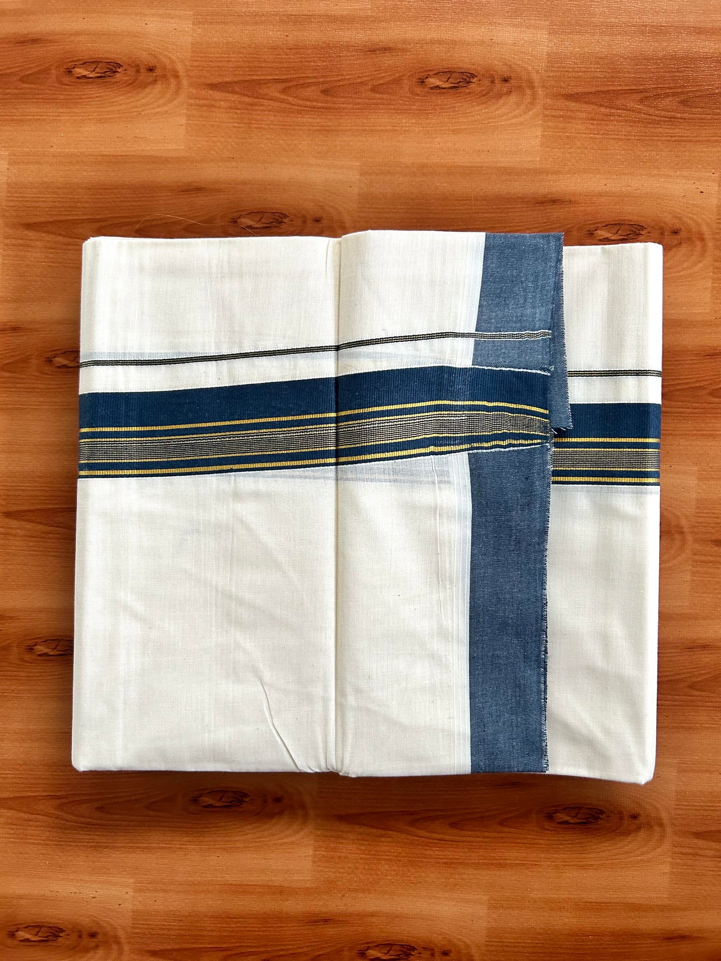 Double Off White  Mundu/Dhoti- 20% Discount! KaithariKada Balaramapuram Pure Cotton - 80s - 1.5 inch Gold Striped Kasav & Peacock Blue Kara - 4mtr (8.5muzham) - 2 KK5421 VAS