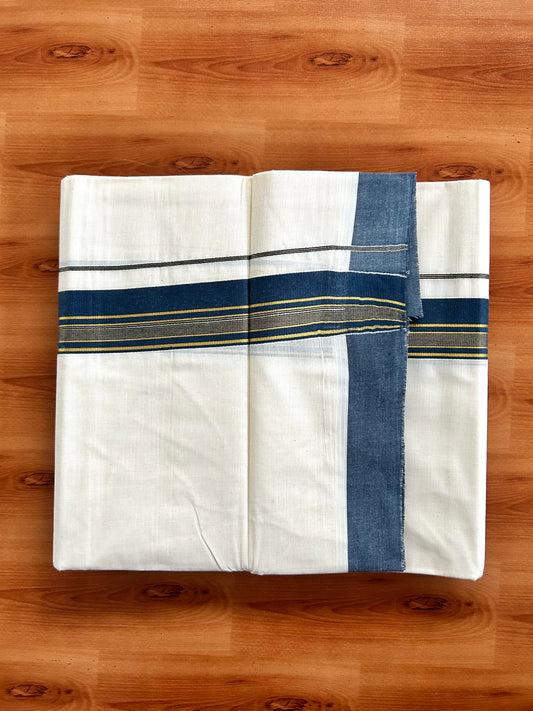 Double Off White  Mundu/Dhoti- 20% Discount! KaithariKada Balaramapuram Pure Cotton - 80s - 1.5 inch Gold Striped Kasav & Peacock Blue Kara - 4mtr (8.5muzham) - 2 KK5421 VAS