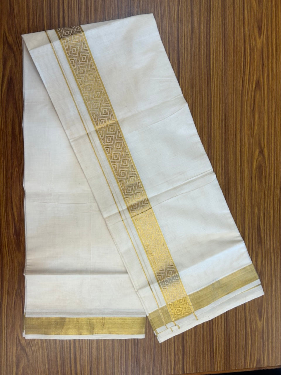 20% DISCOUNT! KaithariKada Balaramapuram DOUBLE OFF WHITE - (Ubleached) Mundu/Dhoti - Cotton mix - 80s - 1.75 inch Kasavu Jacquard Kara 4 mtr (8.5 Muzham) - 41 KK5284 PMC