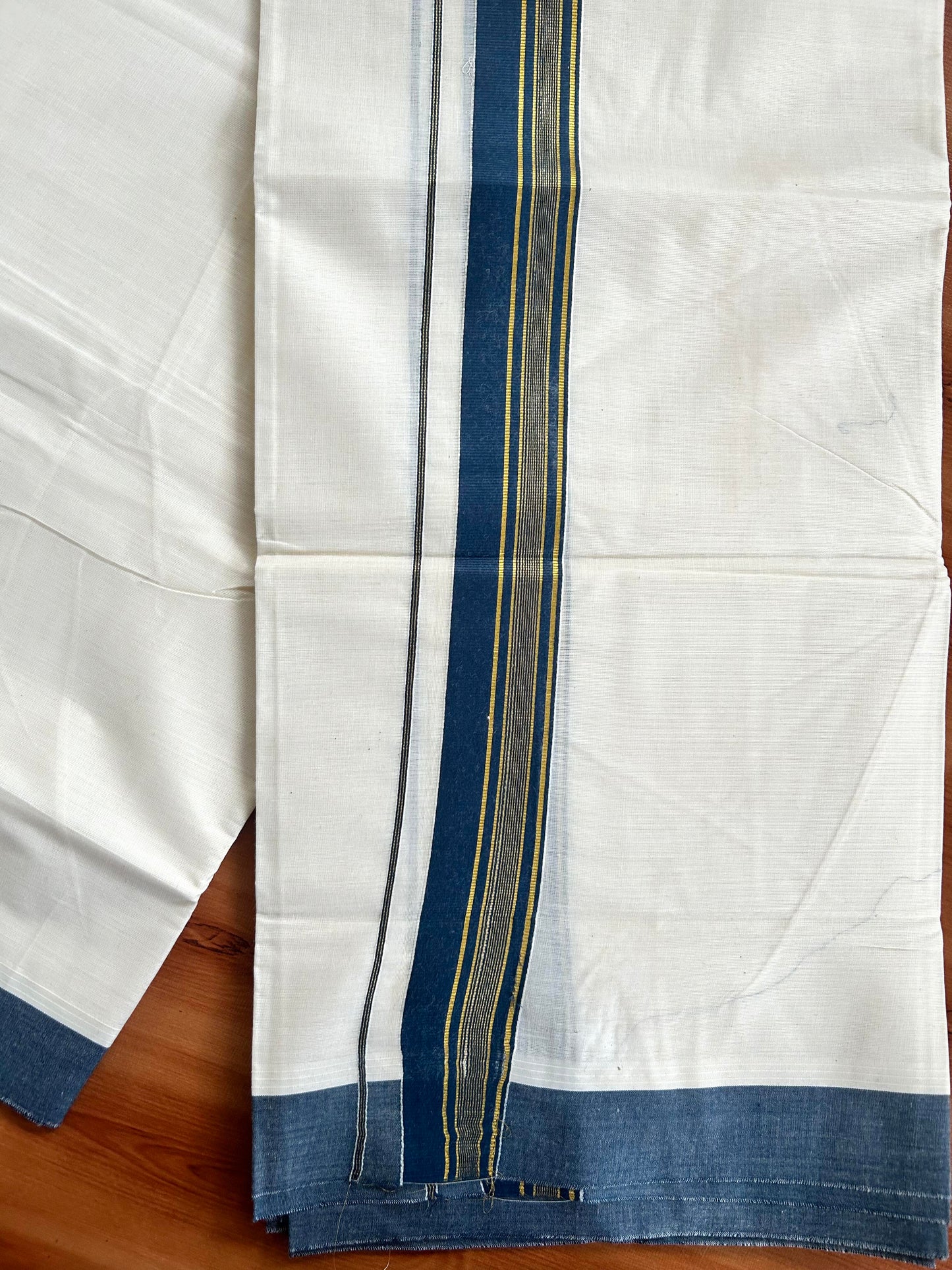 Double Off White  Mundu/Dhoti- 20% Discount! KaithariKada Balaramapuram Pure Cotton - 80s - 1.5 inch Gold Striped Kasav & Peacock Blue Kara - 4mtr (8.5muzham) - 2 KK5421 VAS
