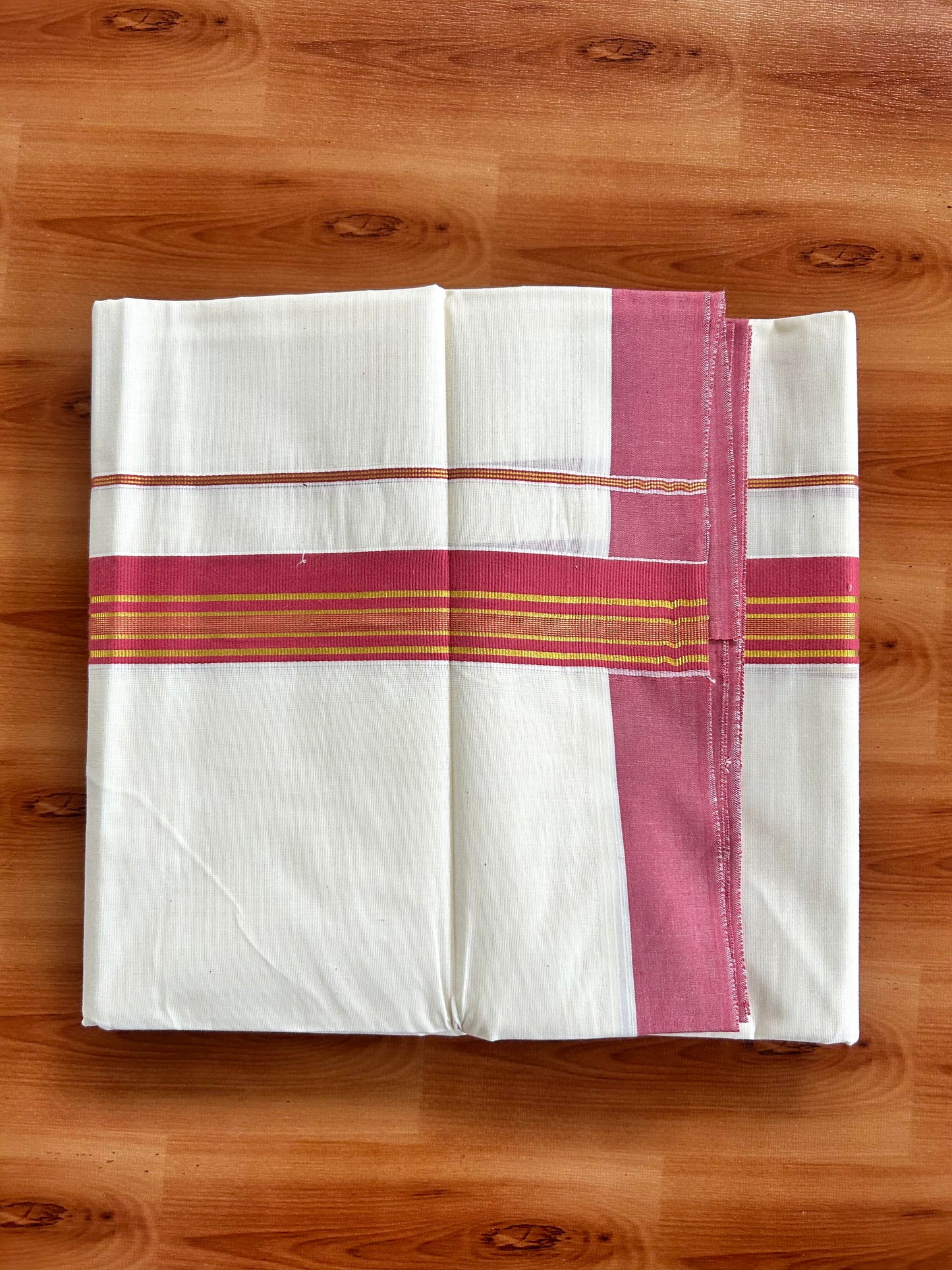 Double Off White  Mundu/Dhoti- 20% Discount! KaithariKada Balaramapuram Pure Cotton - 80s - 1.5 inch Gold Striped Kasav & Dark Peach Kara - 4mtr (8.5muzham) - 8 KK5421 VAS