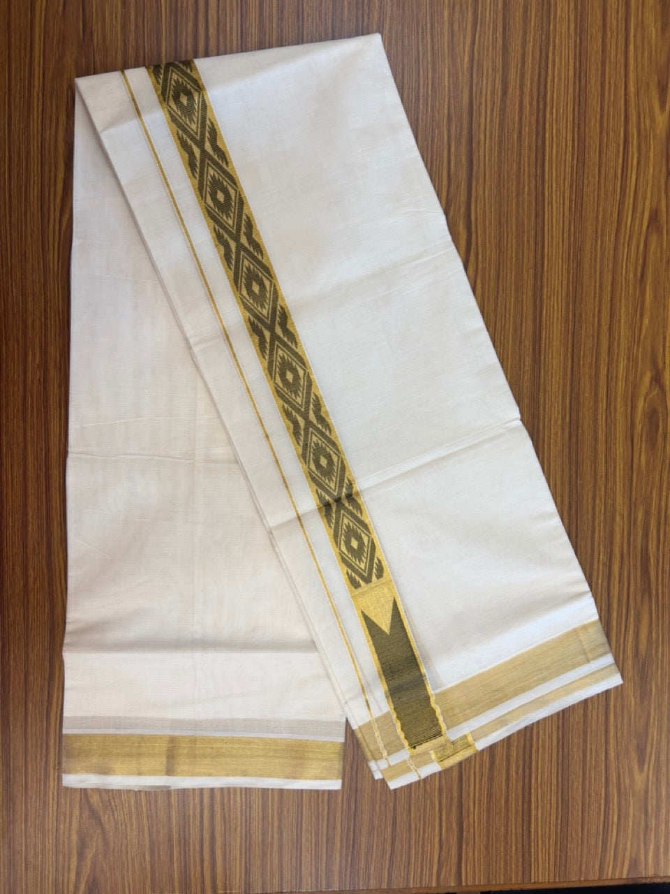 20% DISCOUNT! KaithariKada Balaramapuram DOUBLE OFF WHITE - (Ubleached) Mundu/Dhoti - Cotton mix - 80s - 1.5 inch Kasavu Black Jacquard design chutty Kara 4 mtr (8.5 Muzham) - 43 KK5284 PMC