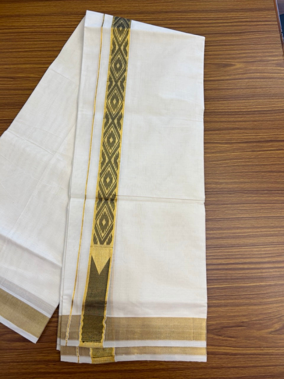 20% DISCOUNT! KaithariKada Balaramapuram DOUBLE OFF WHITE - (Ubleached) Mundu/Dhoti - Cotton mix - 80s - 1.5 inch Kasavu Black Jacquard design chutty Kara 4 mtr (8.5 Muzham) - 43 KK5284 PMC
