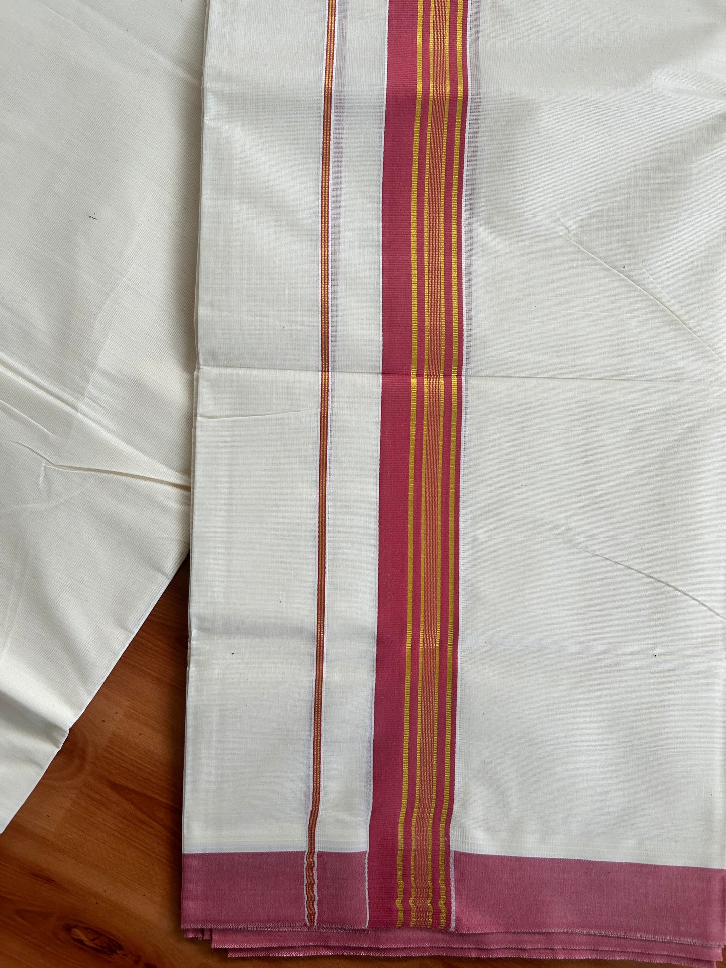 Double Off White  Mundu/Dhoti- 20% Discount! KaithariKada Balaramapuram Pure Cotton - 80s - 1.5 inch Gold Striped Kasav & Dark Peach Kara - 4mtr (8.5muzham) - 8 KK5421 VAS