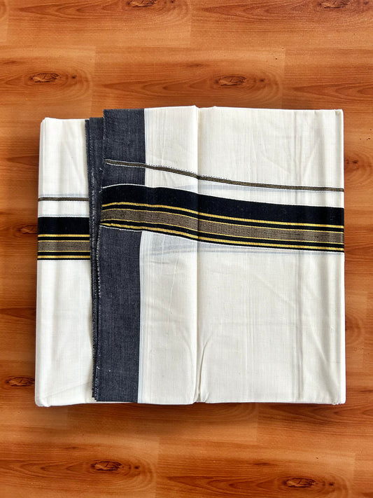 Double Off White  Mundu/Dhoti- 20% Discount! KaithariKada Balaramapuram Pure Cotton - 80s - 1.5 inch Gold Striped Kasav & Black Kara - 4mtr (8.5muzham) - 5 KK5421 VAS