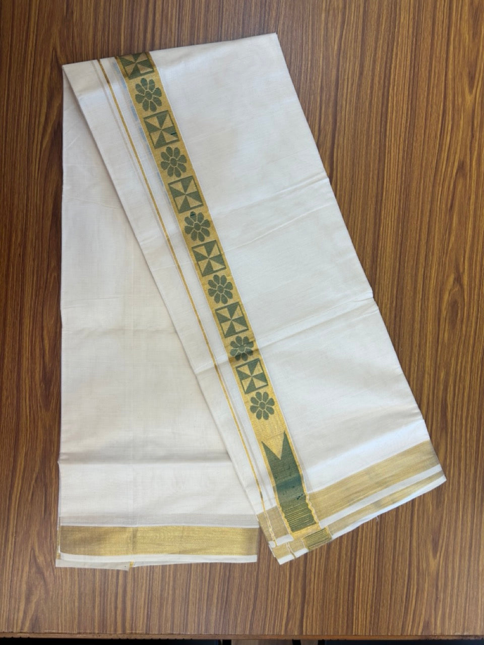 20% DISCOUNT! KaithariKada Balaramapuram DOUBLE OFF WHITE - (Ubleached) Mundu/Dhoti - Cotton mix - 80s - 1.5 inch Kasavu Green Jacquard design chutty Kara 4 mtr (8.5 Muzham) - 42 KK5284 PMC