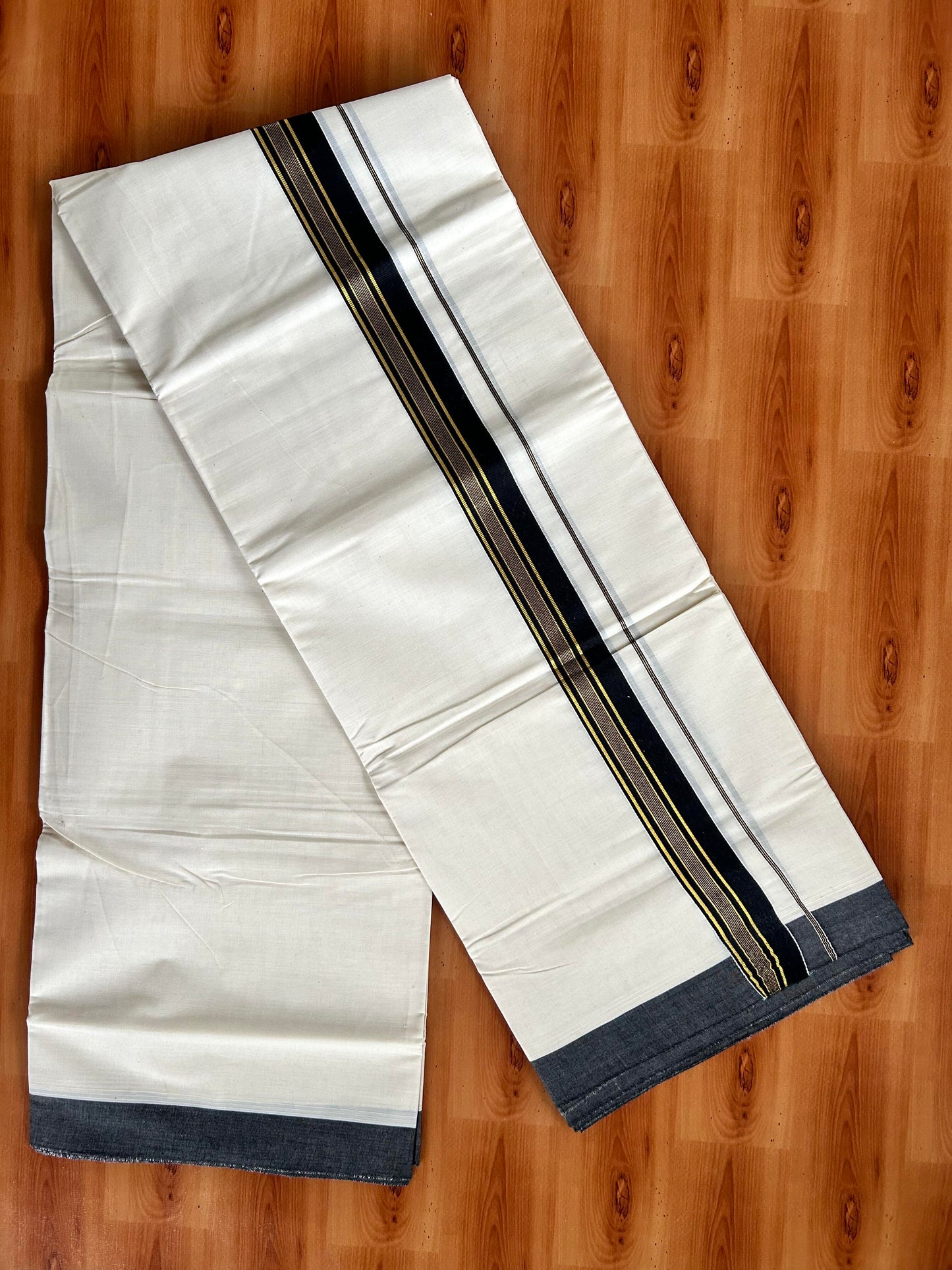 Double Off White  Mundu/Dhoti- 20% Discount! KaithariKada Balaramapuram Pure Cotton - 80s - 1.5 inch Gold Striped Kasav & Black Kara - 4mtr (8.5muzham) - 5 KK5421 VAS