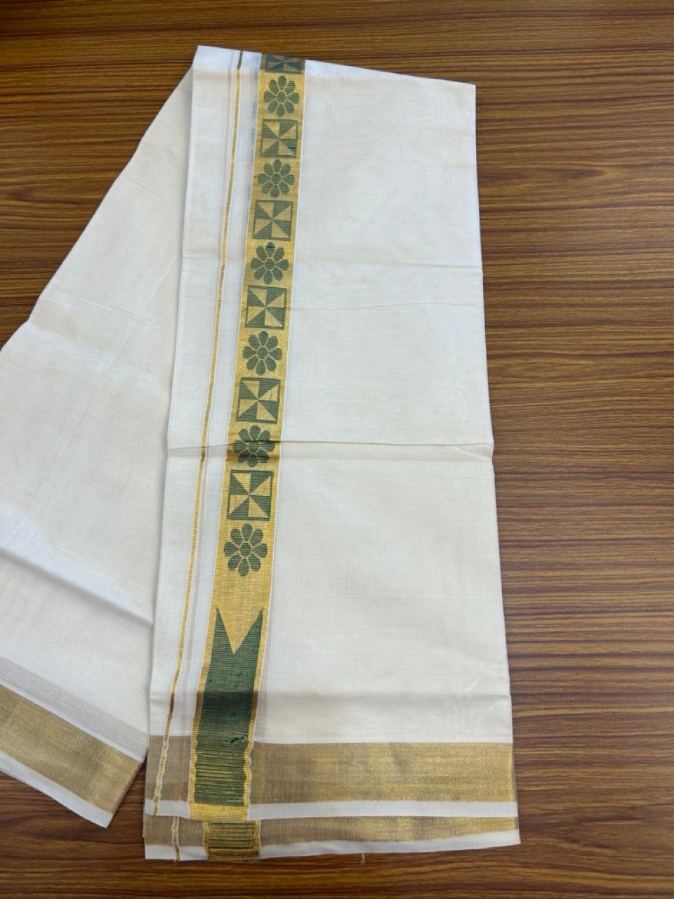 20% DISCOUNT! KaithariKada Balaramapuram DOUBLE OFF WHITE - (Ubleached) Mundu/Dhoti - Cotton mix - 80s - 1.5 inch Kasavu Green Jacquard design chutty Kara 4 mtr (8.5 Muzham) - 42 KK5284 PMC
