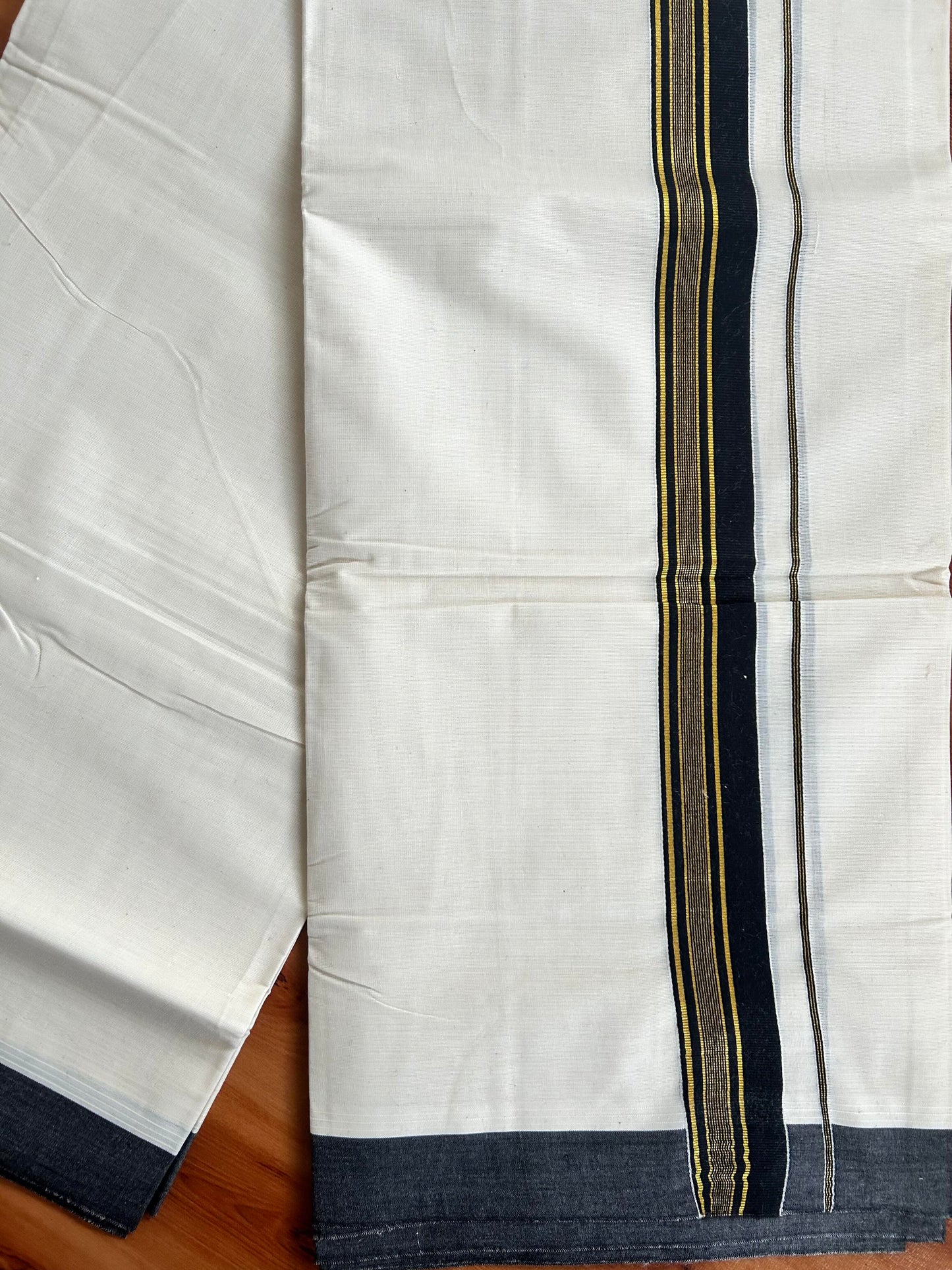 Double Off White  Mundu/Dhoti- 20% Discount! KaithariKada Balaramapuram Pure Cotton - 80s - 1.5 inch Gold Striped Kasav & Black Kara - 4mtr (8.5muzham) - 5 KK5421 VAS