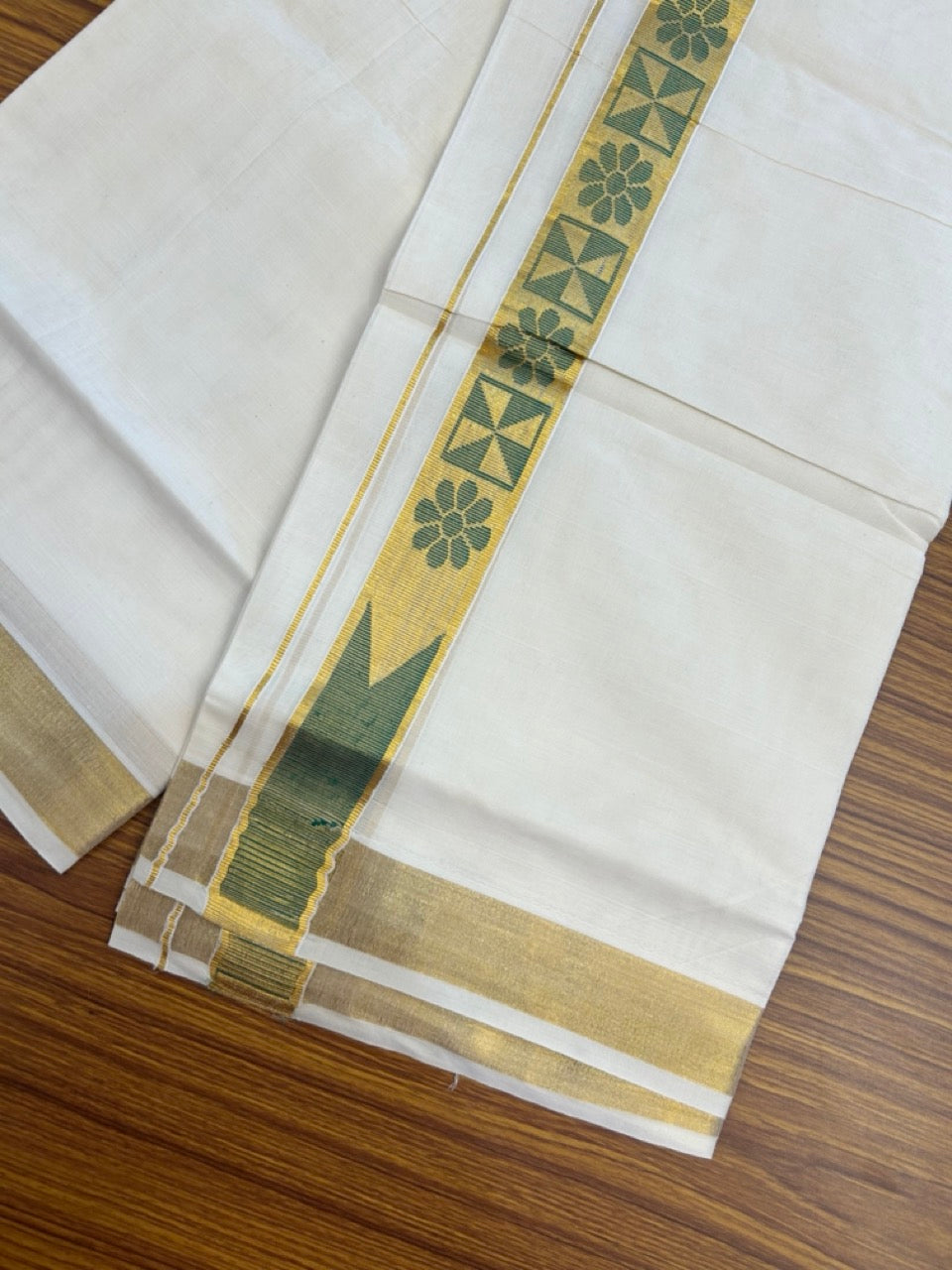 20% DISCOUNT! KaithariKada Balaramapuram DOUBLE OFF WHITE - (Ubleached) Mundu/Dhoti - Cotton mix - 80s - 1.5 inch Kasavu Green Jacquard design chutty Kara 4 mtr (8.5 Muzham) - 42 KK5284 PMC