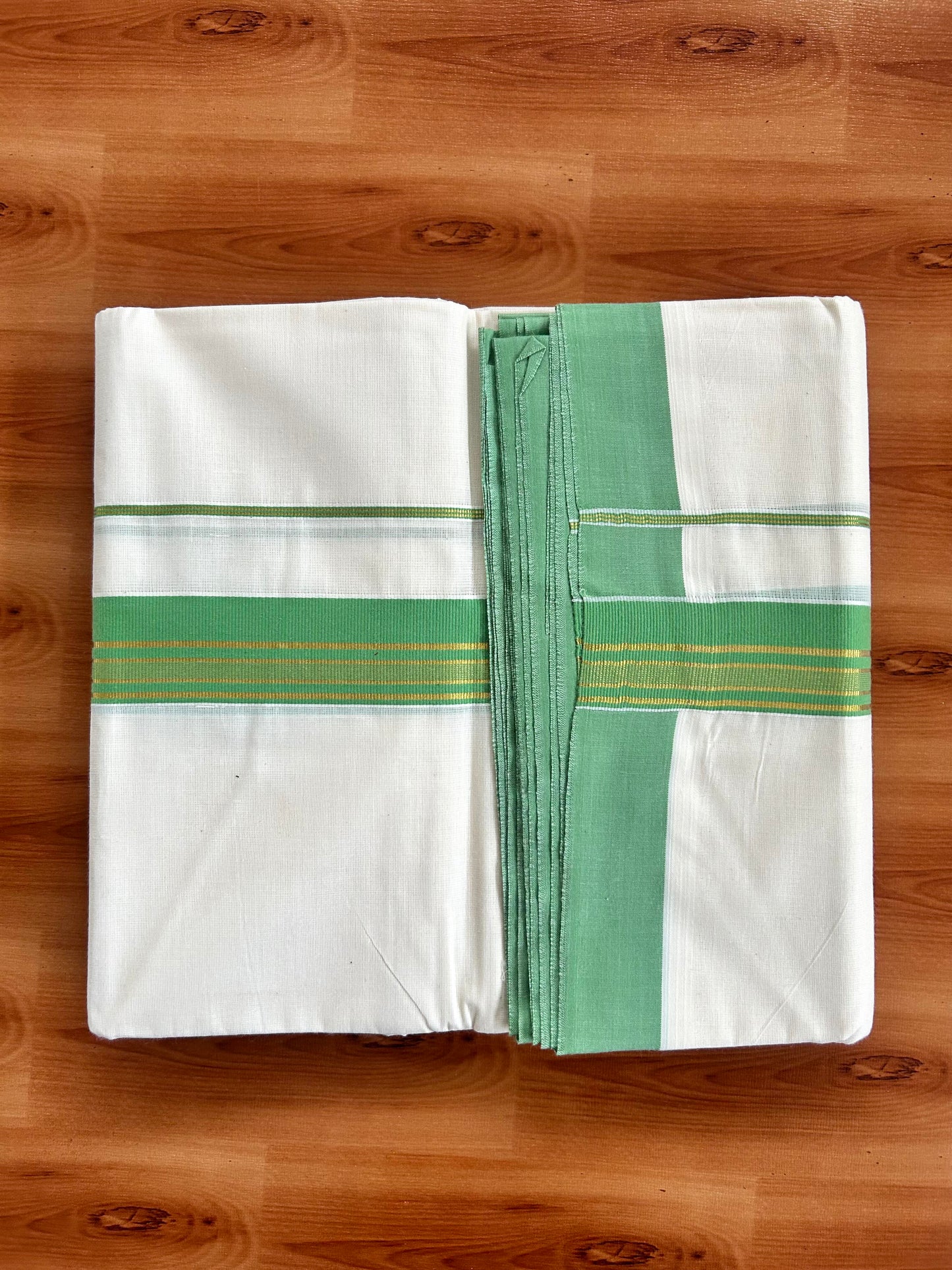 Double Off White  Mundu/Dhoti- 20% Discount! KaithariKada Balaramapuram Pure Cotton - 80s - 1.5 inch Gold Striped Kasav & Green Kara - 4mtr (8.5muzham) - 9 KK5421 VAS