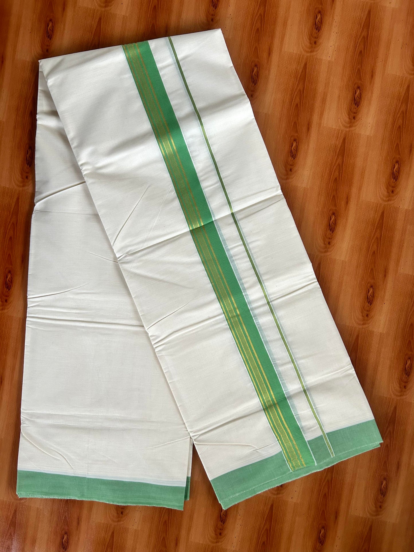 Double Off White  Mundu/Dhoti- 20% Discount! KaithariKada Balaramapuram Pure Cotton - 80s - 1.5 inch Gold Striped Kasav & Green Kara - 4mtr (8.5muzham) - 9 KK5421 VAS