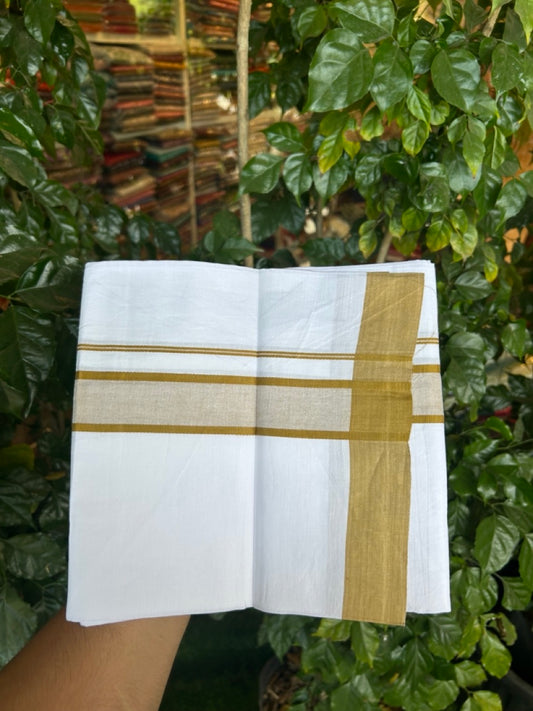 Kaitharikada - Balaramapuram 100% Pure Cotton South Indian Kids Pure White Mundu/Dhoti - 100x80 - 1.5 inch Yellowish Brown Shaded Kara 1.80 mtr (4 Muzham) - 9 KK5287 PMC