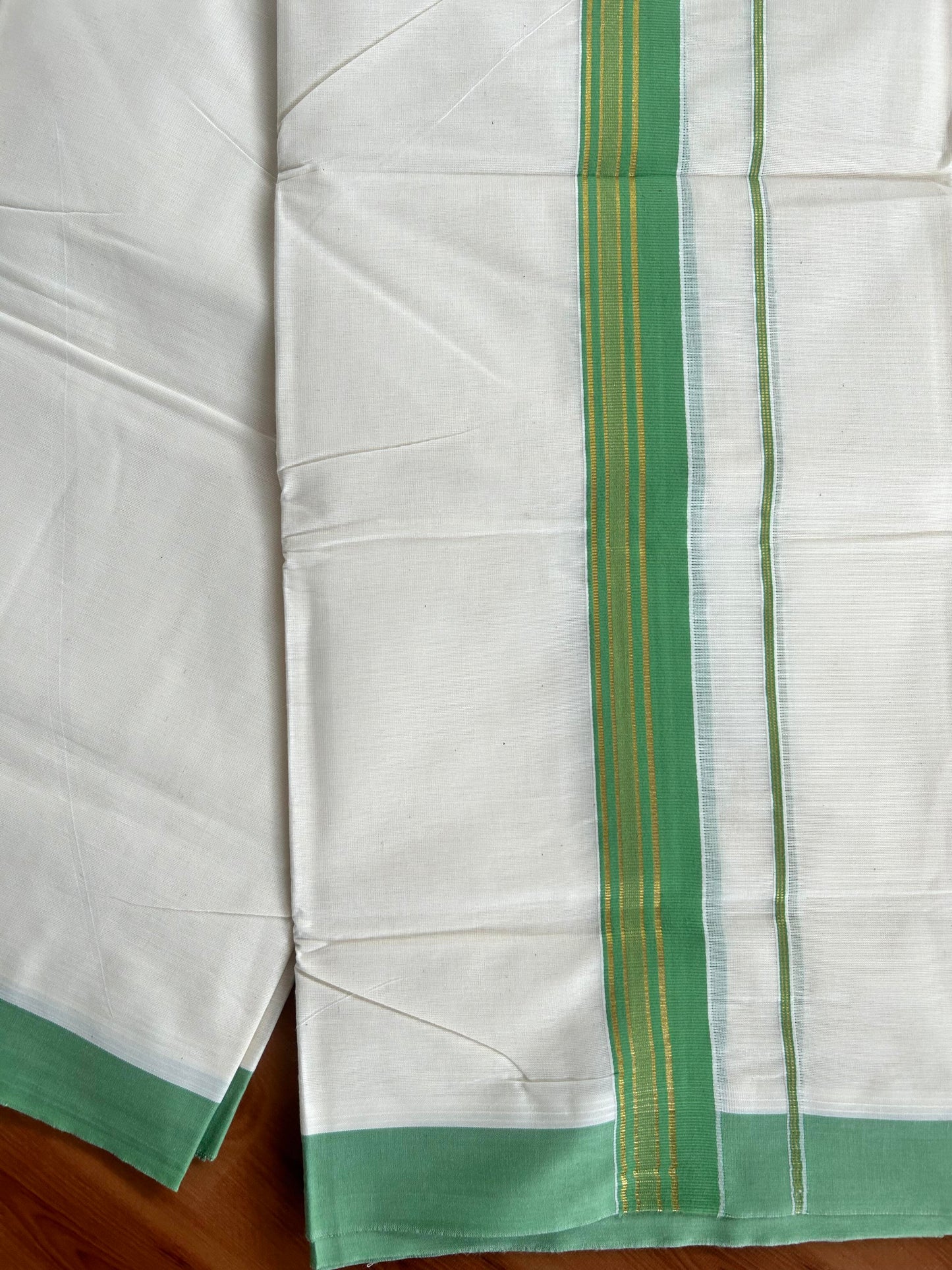 Double Off White  Mundu/Dhoti- 20% Discount! KaithariKada Balaramapuram Pure Cotton - 80s - 1.5 inch Gold Striped Kasav & Green Kara - 4mtr (8.5muzham) - 9 KK5421 VAS