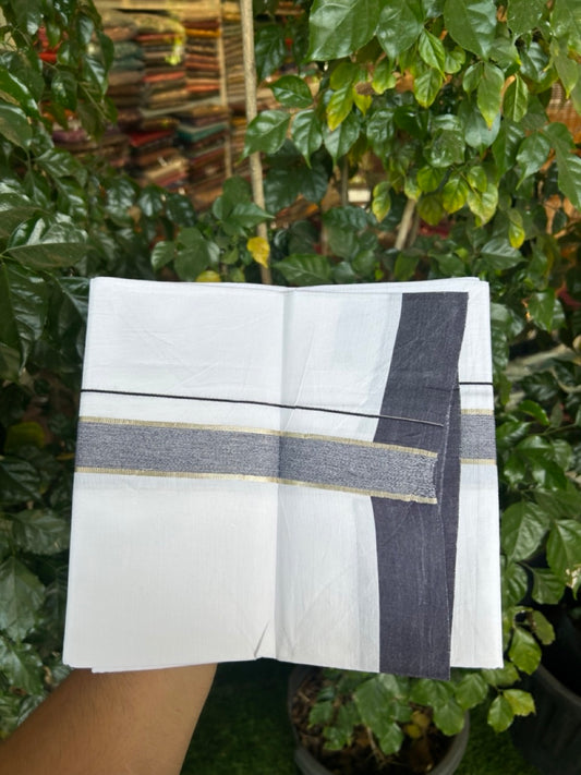 Kaitharikada - Balaramapuram 100% Pure Cotton South Indian Kids Pure White Mundu/Dhoti - 100x80 - 1.25 inch Silver Kasav & Navy Blue Shaded Kara 1.80 mtr (4 Muzham) - 10 KK5287 PMC