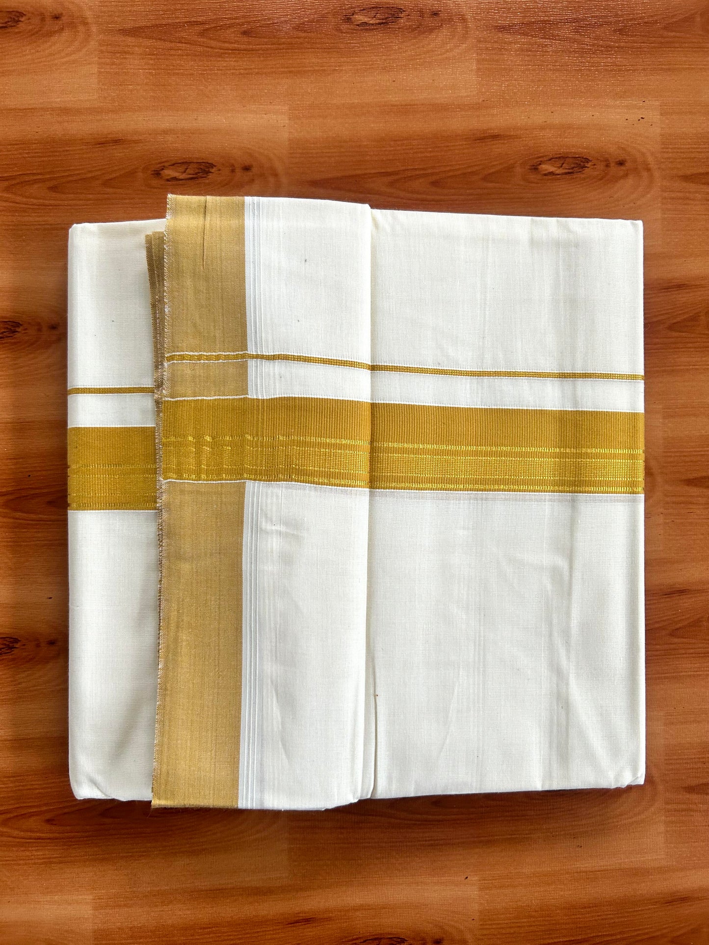 Double Off White  Mundu/Dhoti- 20% Discount! KaithariKada Balaramapuram Pure Cotton - 80s - 1.5 inch Gold Striped Kasav & Mustard Yellow Kara - 4mtr (8.5muzham) - 7 KK5421 VAS