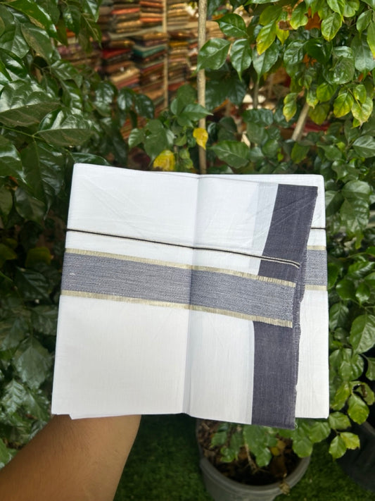 Kaitharikada - Balaramapuram 100% Pure Cotton South Indian Kids Pure White Mundu/Dhoti - 100x80 - 1.5 inch Silver Kasav & Navy Blue Shaded Kara 1.80 mtr (4 Muzham) - 13 KK5287 PMC
