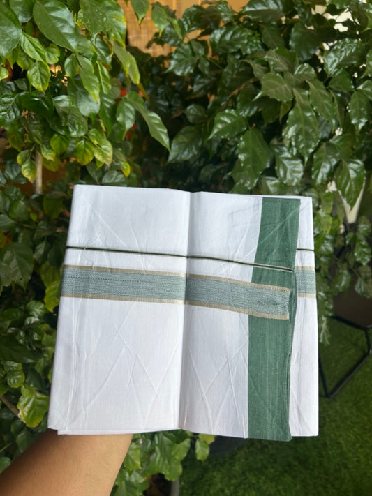 Kaitharikada - Balaramapuram 100% Pure Cotton South Indian Kids Pure White Mundu/Dhoti - 100x80 - 1.25 inch Silver Kasav & Green Shaded Kara 1.80 mtr (4 Muzham) - 11 KK5287 PMC