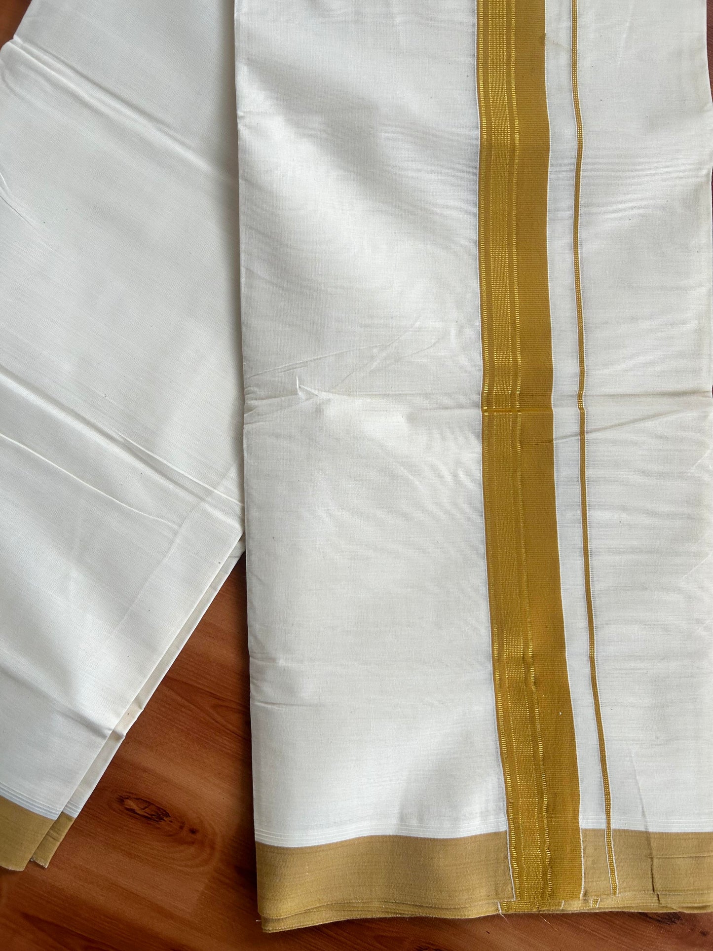 Double Off White  Mundu/Dhoti- 20% Discount! KaithariKada Balaramapuram Pure Cotton - 80s - 1.5 inch Gold Striped Kasav & Mustard Yellow Kara - 4mtr (8.5muzham) - 7 KK5421 VAS