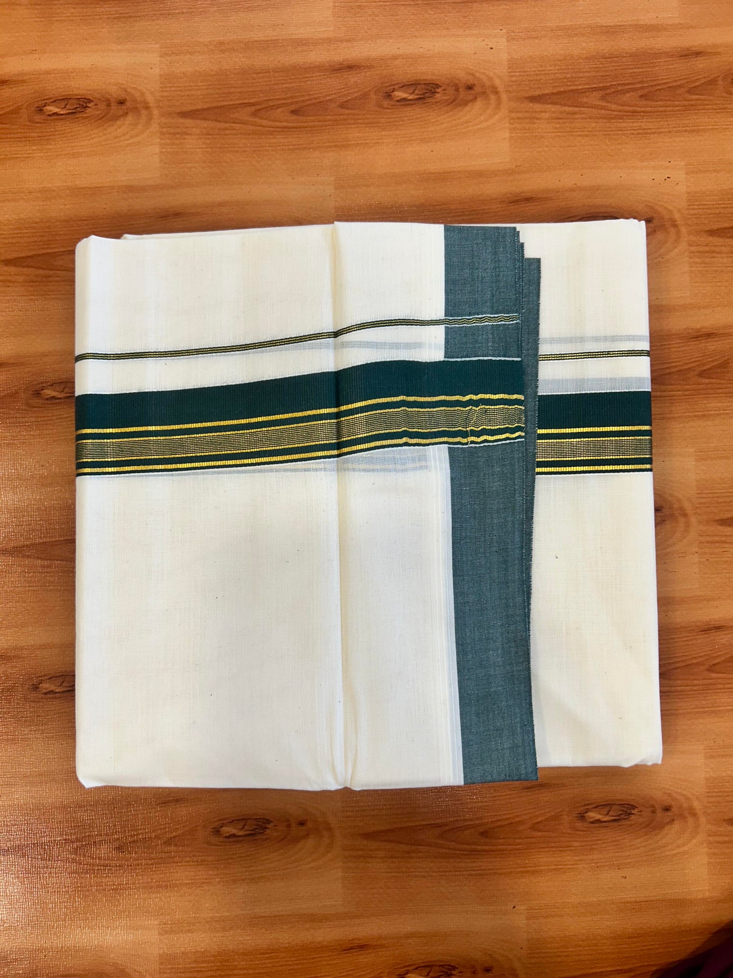 Double Off White  Mundu/Dhoti- 20% Discount! KaithariKada Balaramapuram Pure Cotton - 80s - 1.5 inch Gold Striped Kasav & Green Kara - 4mtr (8.5muzham) - 3 KK5421 VAS