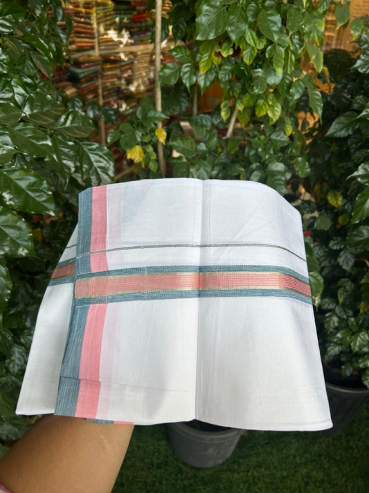 19% Discount!! KaithariKada Balaramapuram 100% Cotton Single Pure White Mundu/Dhoti - 100X80 - 1.5 inch Silver Kasav Light Pink & Blue Stripes kara 1.90 mtr (4 muzham) - 2 KK5287 PMC