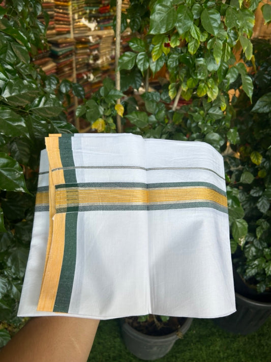 19% Discount!! KaithariKada Balaramapuram 100% Cotton Single Pure White Mundu/Dhoti - 100X80 - 1.5 inch Silver Kasav Yellow & Green Stripes kara 1.90 mtr (4 muzham) - 3 KK5287 PMC