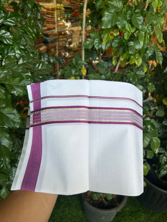 19% Discount!! KaithariKada Balaramapuram 100% Cotton Single Pure White Mundu/Dhoti - 100X80 - 1.5 inch Silver Kasav Violet Stripes kara 1.90 mtr (4 muzham) - 5 KK5287 PMC