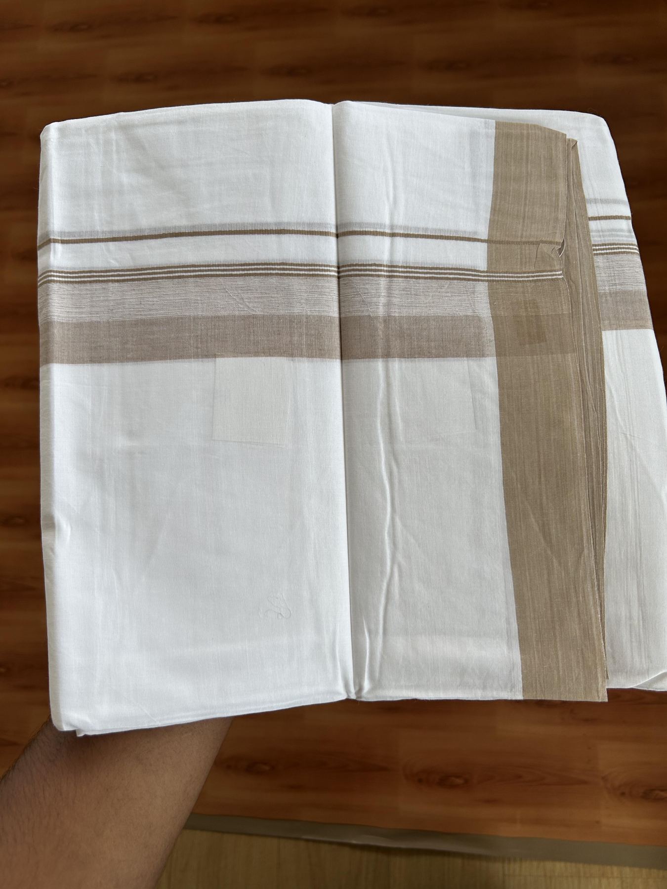 20% Discount ! KaithariKada Balaramapuram - 100% Pure Cotton Pure white Double Mundu/Dhothi 100x80 - 1.5 inch Light Brown Shaded Kara  4.5 Meters (10 Muzham) - 1 KK5391 THI