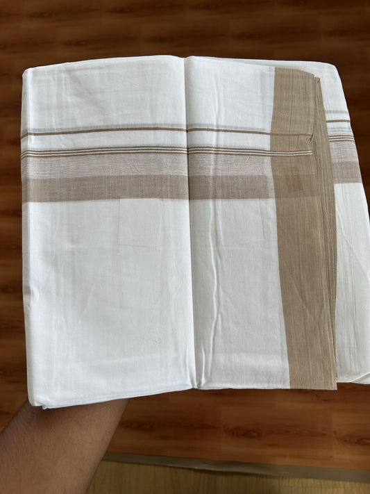 20% Discount ! KaithariKada Balaramapuram - 100% Pure Cotton Pure white Double Mundu/Dhothi 100x80 - 1.5 inch Light Brown Shaded Kara  4.5 Meters (10 Muzham) - 1 KK5391 THI