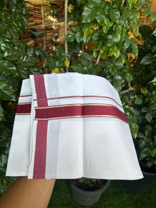 20% Discount!! KaithariKada Balaramapuram 100% Cotton Single Pure White Mundu/Dhoti - 100X80 - 1.25 inch Silver Kasav Maroon kara 1.90 mtr (4 muzham) - 6 KK5287 PMC