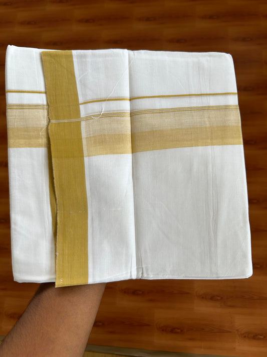 20% Discount ! KaithariKada Balaramapuram - 100% Pure Cotton Pure white Double Mundu/Dhothi 100x80 - 1.5 inch Mustard Yellow Shaded Kara  4.5 Meters (10 Muzham) - 2 KK5391 THI