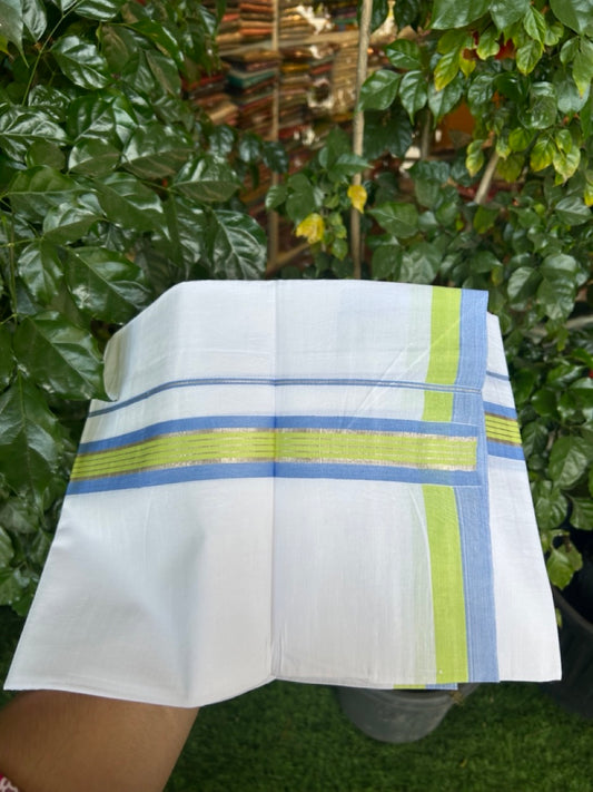19% Discount!! KaithariKada Balaramapuram 100% Cotton Single Pure White Mundu/Dhoti - 100X80 - 1.5 inch Silver Kasav Light Green & Light Blue Stripes kara 1.90 mtr (4 muzham) - 1 KK5287 PMC