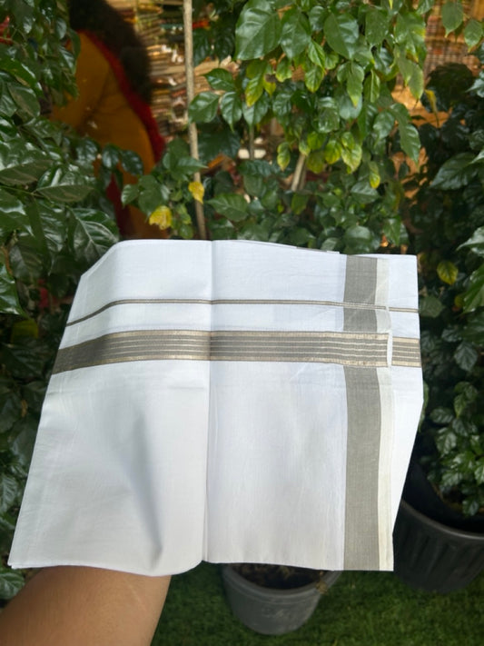 20% Discount!! KaithariKada Balaramapuram 100% Cotton Single Pure White Mundu/Dhoti - 100X80 - 1 inch Silver Kasav Brown Stripes kara 1.90 mtr (4 muzham) - 4 KK5287 PMC