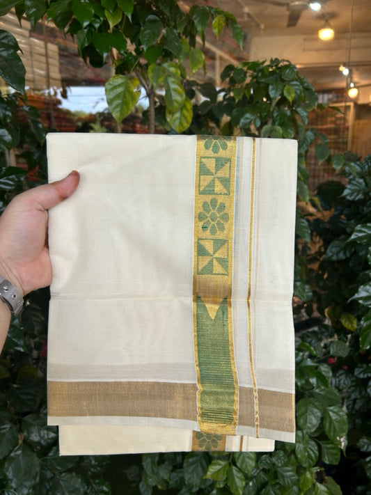20% DISCOUNT! KaithariKada Balaramapuram DOUBLE OFF WHITE - (Ubleached) Mundu/Dhoti - Cotton mix - 80s - 1.5 inch Kasavu Green Jacquard design chutty Kara 4 mtr (8.5 Muzham) - 42 KK5284 PMC