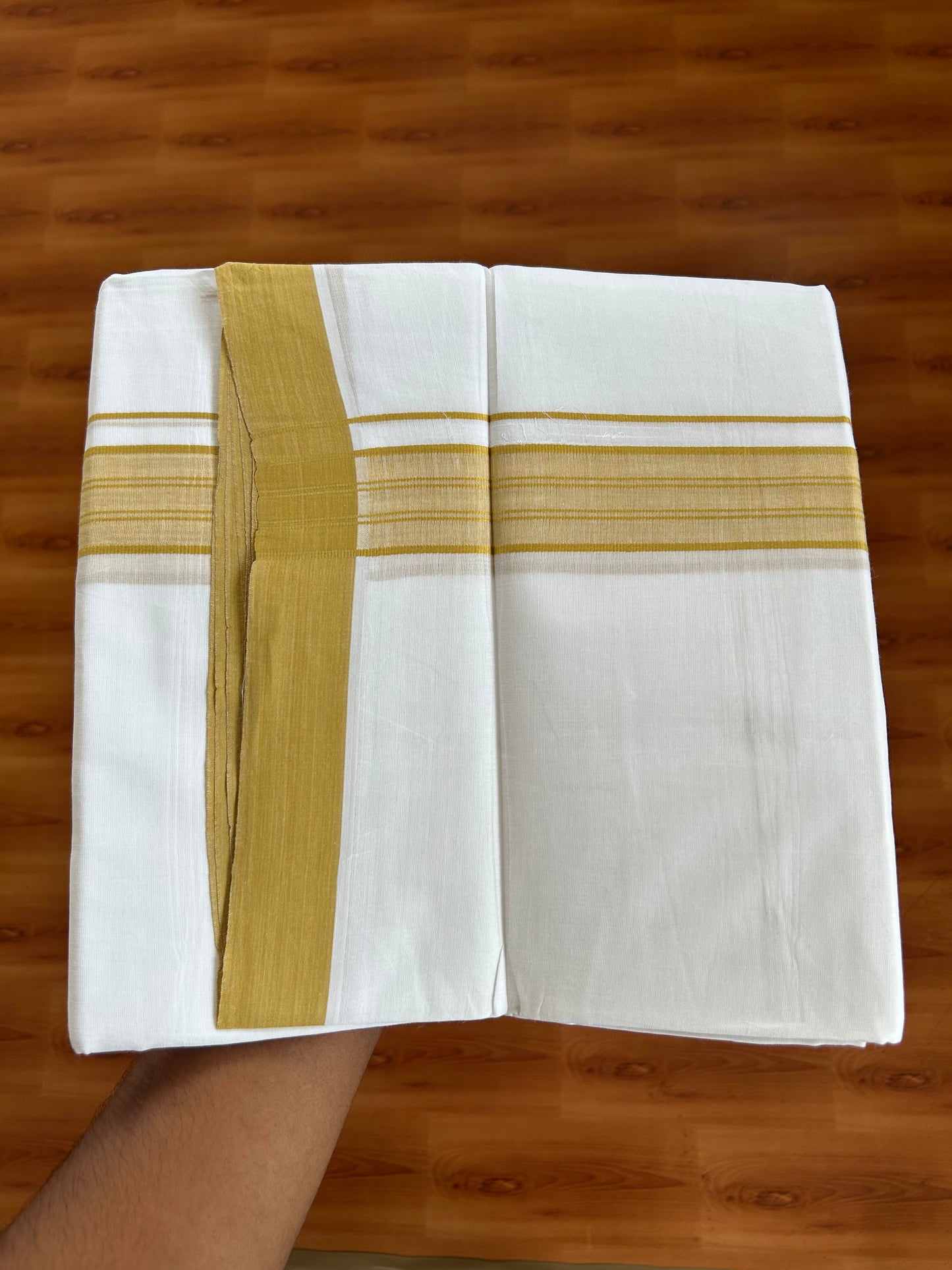 20% Discount ! KaithariKada Balaramapuram - 100% Pure Cotton Pure white Double Mundu / Dothi 100x80 - 1.5 inch Mustard Yellow Shaded Kara  4.5 Meters (10 Muzham) - 3 KK5391 THI