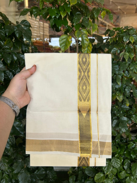 20% DISCOUNT! KaithariKada Balaramapuram DOUBLE OFF WHITE - (Ubleached) Mundu/Dhoti - Cotton mix - 80s - 1.5 inch Kasavu Black Jacquard design chutty Kara 4 mtr (8.5 Muzham) - 43 KK5284 PMC