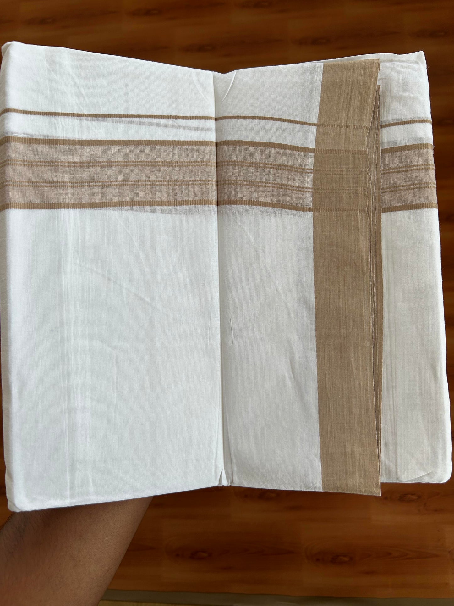 20% Discount ! KaithariKada Balaramapuram - 100% Pure Cotton Pure white Double Mundu / Dhothi 100x80 - 1.5 inch greyish brown Shaded  Kara  4.5 Meters (10 Muzham) - 14 KK5391 THI