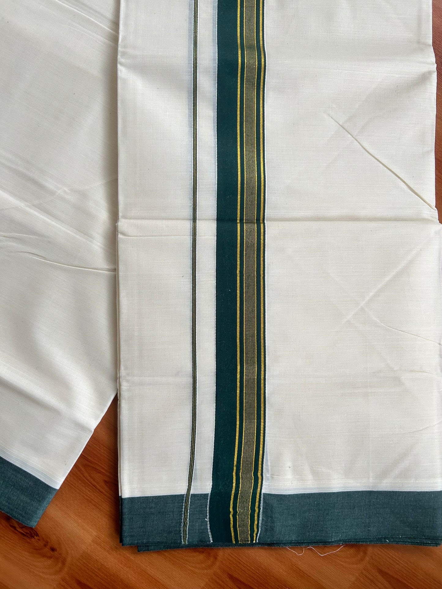 Double Off White  Mundu/Dhoti- 20% Discount! KaithariKada Balaramapuram Pure Cotton - 80s - 1.5 inch Gold Striped Kasav & Green Kara - 4mtr (8.5muzham) - 3 KK5421 VAS