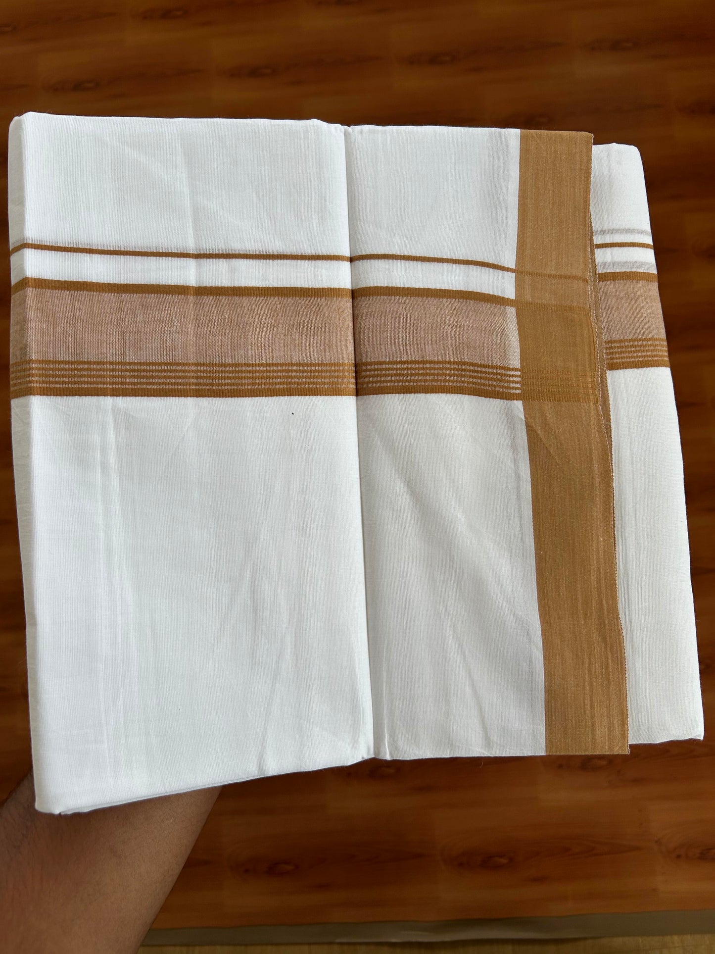 20% Discount ! KaithariKada Balaramapuram - 100% Pure Cotton Pure white Double Mundu / Dhothi 100x80 - 1.5 inch Orange Brown Shaded Kara  4.5 Meters (10 Muzham) - 6 KK5391 THI