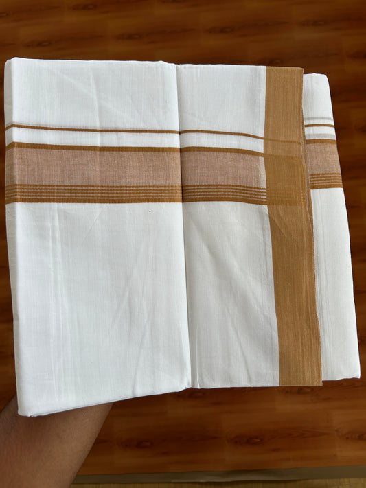 20% Discount ! KaithariKada Balaramapuram - 100% Pure Cotton Pure white Double Mundu / Dhothi 100x80 - 1.5 inch Orange Brown Shaded Kara  4.5 Meters (10 Muzham) - 6 KK5391 THI