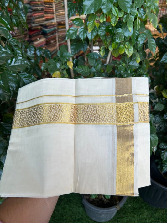 20% DISCOUNT! KaithariKada Balaramapuram DOUBLE OFF WHITE - (Ubleached) Mundu/Dhoti - Cotton mix - 80s - 1.75 inch Kasavu Jacquard Kara 4 mtr (8.5 Muzham) - 41 KK5284 PMC