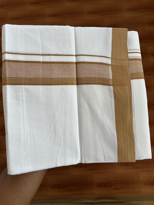 20% Discount ! KaithariKada Balaramapuram - 100% Pure Cotton Pure white Double Mundu / Dhothi 100x80 - 1.5 inch Camel  Brown Shaded Kara  4.5 Meters (10 Muzham) - 16 KK5391 THI
