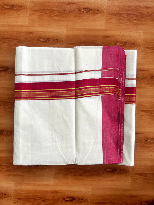 Double Off White  Mundu/Dhoti- 20% Discount! KaithariKada Balaramapuram Pure Cotton - 80s - 1.5 inch Gold Striped Kasav & Maroon Red Kara - 4mtr (8.5muzham) - 1 KK5421 VAS