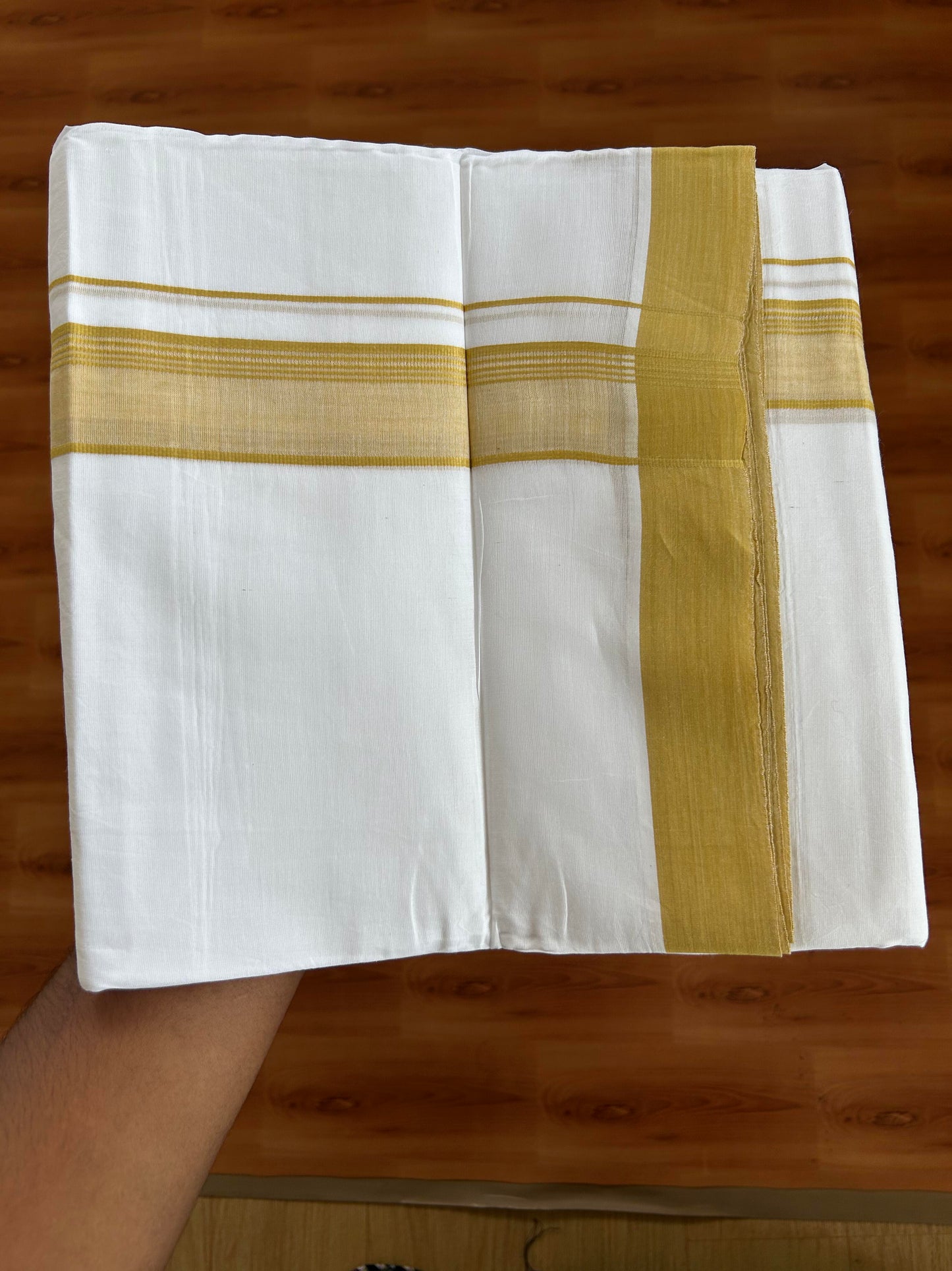 20% Discount ! KaithariKada Balaramapuram - 100% Pure Cotton Pure white Double Mundu / Dothi 100x80 - 1.5 inch Mustard Yellow Shaded Kara  4.5 Meters (10 Muzham) - 4 KK5391 THI
